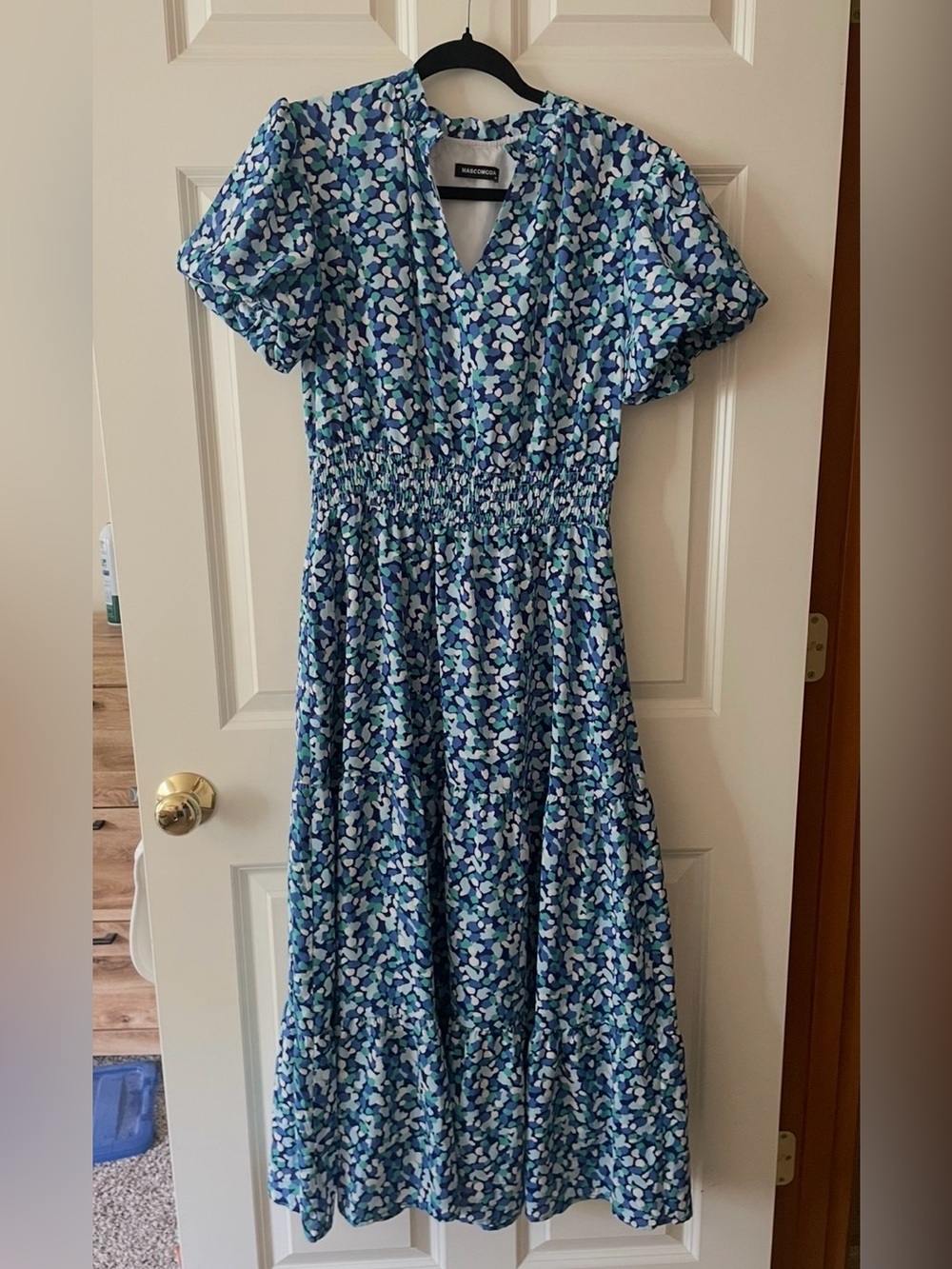 Blue Floral Shirred-Waist Maxi Dress
